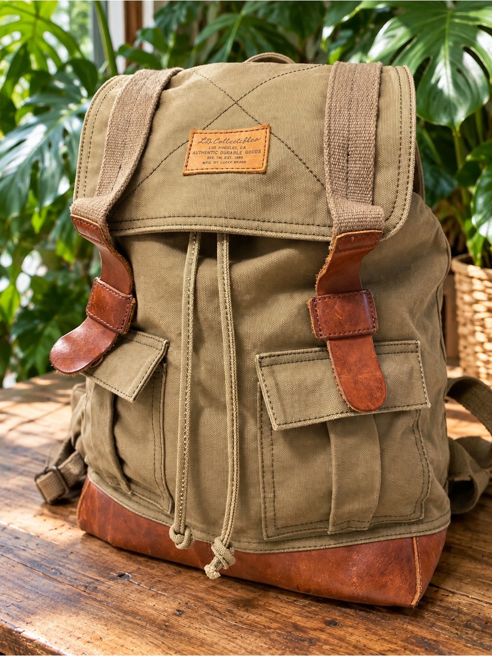 Lucky Brand LB collectibles vintage canvas & Leather backpack travel bag large